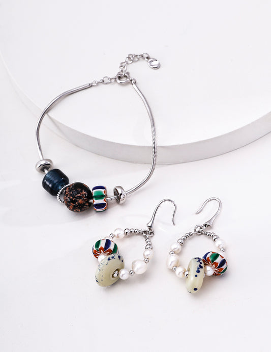淡水パール×ハンドメイド 琉璃ガラス ニュアンスピアス