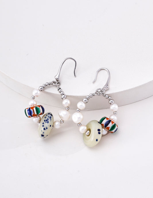 淡水パール×ハンドメイド 琉璃ガラス ニュアンスピアス