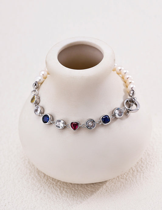 Half and Half Bracelet with Freshwater Pearls and Colorful Zirconia