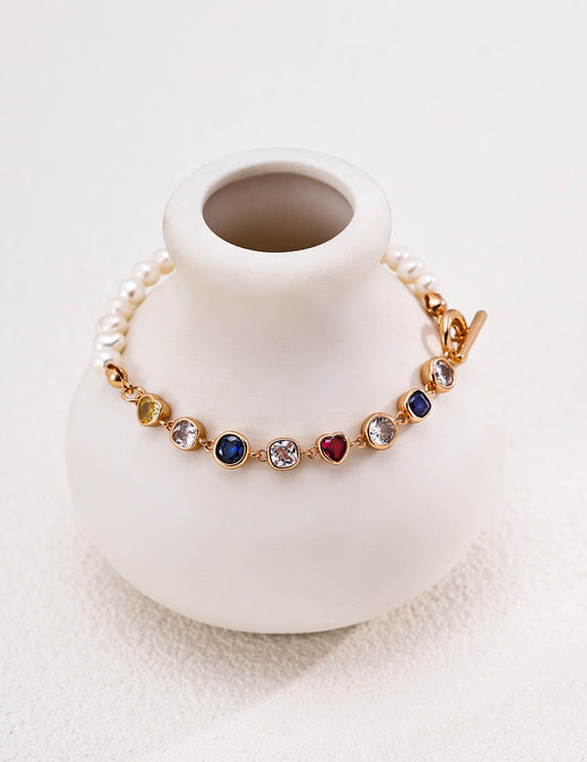 Half and Half Bracelet with Freshwater Pearls and Colorful Zirconia