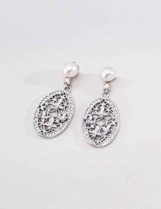 Vintage-style Earrings with Elegant Openwork Floral Windows and Freshwater Pearls