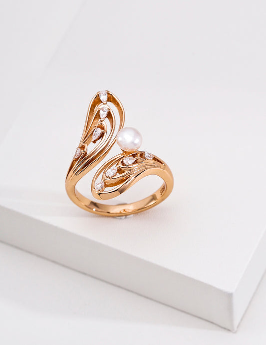 Freshwater Pearl and Zirconia Butterfly & Cocoon Design Ring J0378