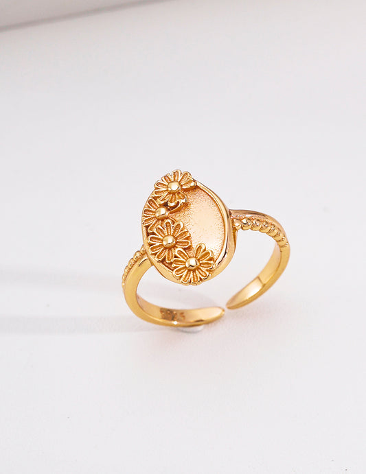 S925 Flower Motif Design Ring Gold Plated J0386