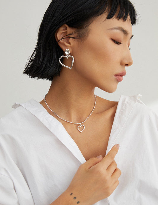 S925 Distorted Heart Asymmetrical Necklace French Modern