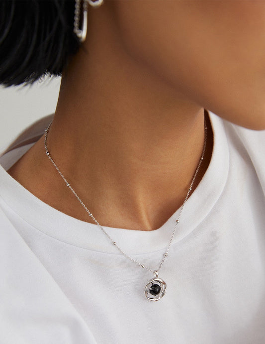 Sterling Silver 925 Black Agate Nuance Line Necklace (D0302)