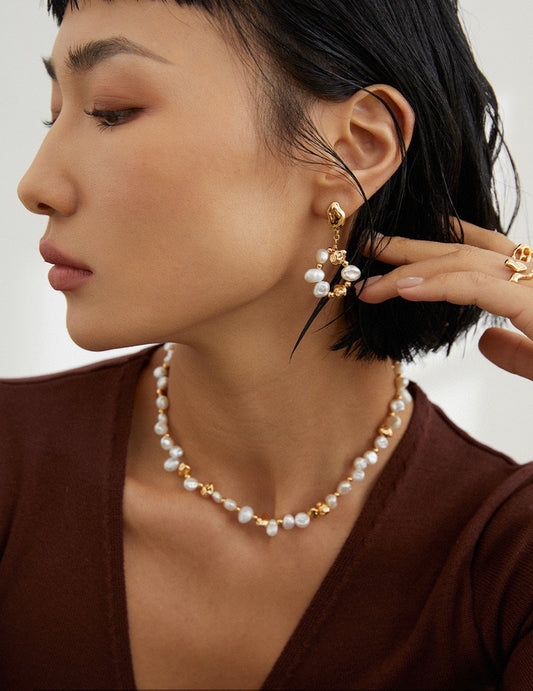 S925 Freshwater Pearl Earrings Vintage Gold Minimalist