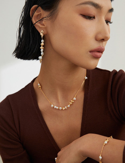 S925 Freshwater Pearl Necklace Vintage Gold