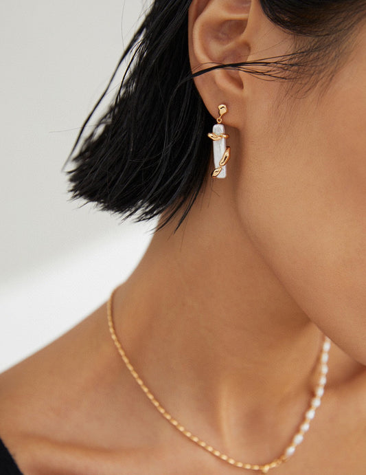 S925 Freshwater Baroque Pearl Asymmetrical Earrings Gold Plated E0896