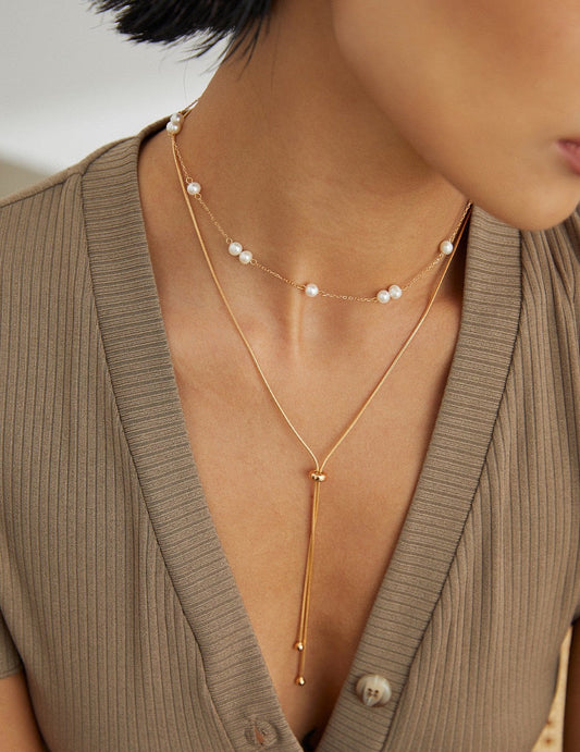 S925 Freshwater Pearl & Silver Bead Station Necklace D0286