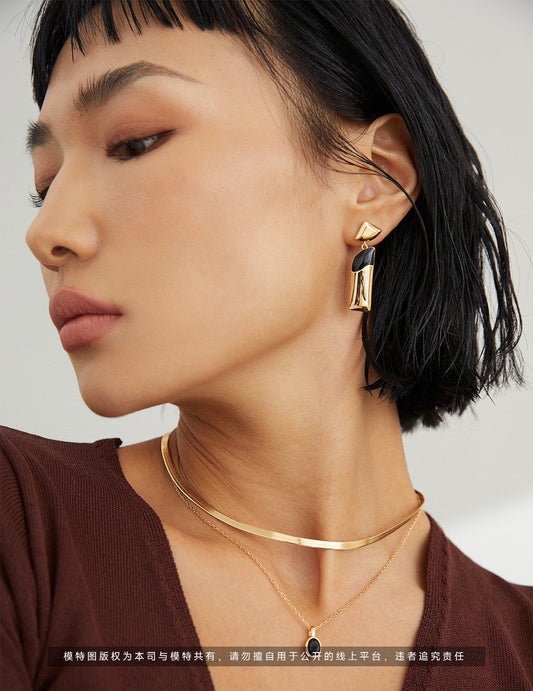 S925 Black Enamel Earrings Monotone Chic Minimalist