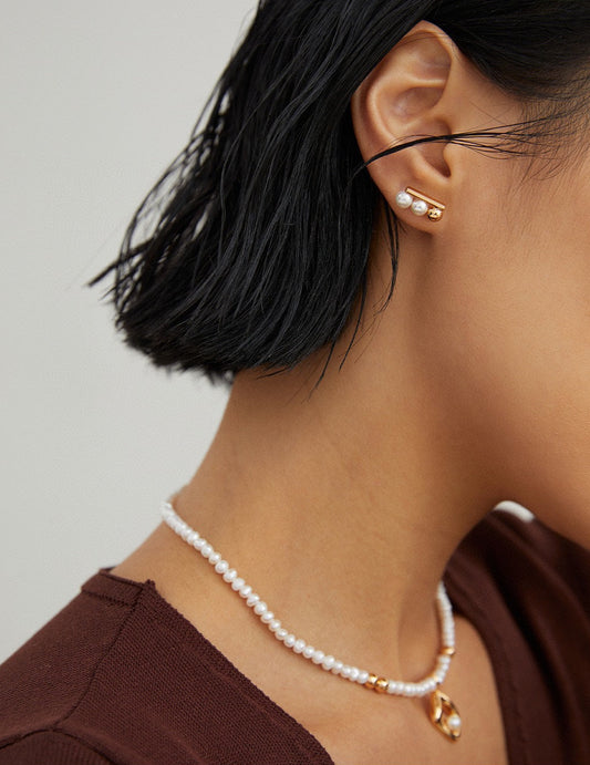 Silver 925 Shell Pearl x Silver Bead Stud Earrings