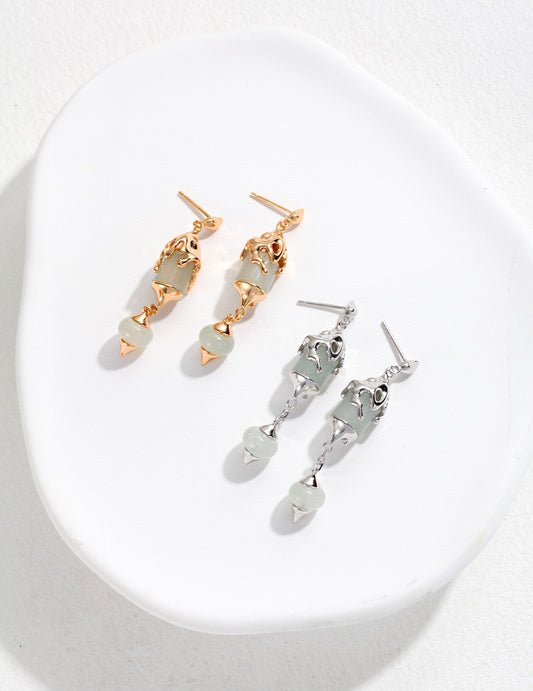 [S925] Oriental Palace Lantern Motif Dangle Aventurine Earrings