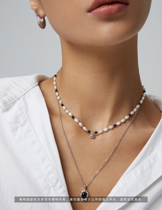 Freshwater Pearl x Black Onyx Silver 925 Shell Necklace