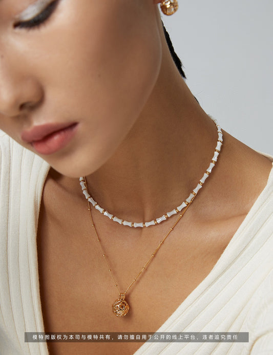 Sterling Silver 925 Bamboo Motif Freshwater Pearl Long Necklace