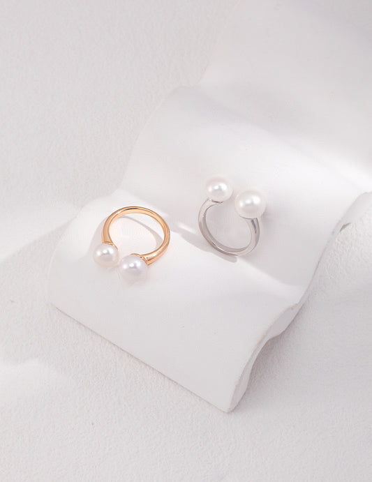 S925 Double Freshwater Pearl Fork Ring Smile Design