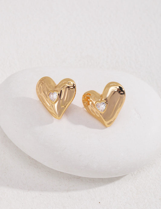 S925 Heart x Zirconia Vintage Gold Earrings