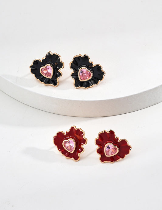 S925 Silver Enamel Heart Pink Zirconia Earrings Vintage Style
