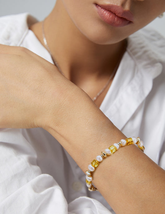 S925 Classical Bracelet with Natural Amber and Champagne Pearls
