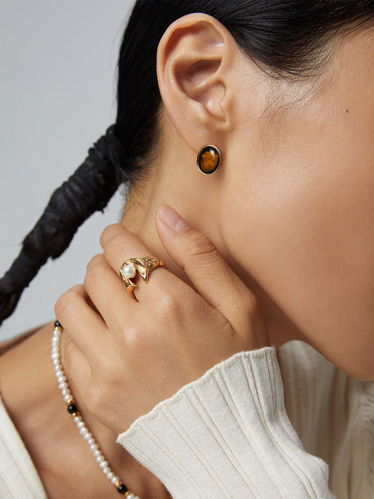 Tiger Eye Minimal Design Natural Stone Earrings Vintage Style