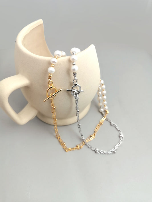Silver 925 Freshwater Pearl Chain Mix Design Necklace