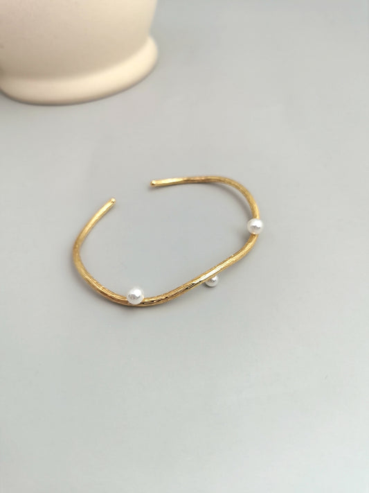 Silver 925 Shell Pearl 3-Stone Minimalist Bangle