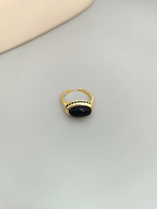 天然石 メノウ リング ピアス セット ブラック×ゴールド 上品