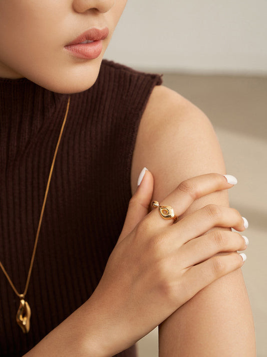 [Sculpted Silver] 925 Sterling Silver Abstract Sculpture-Style Nuance Ring, Gold Plated