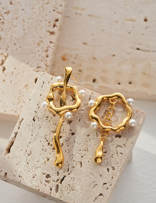 S925 Shell Pearl Asymmetrical Earrings Fluid Drop Design