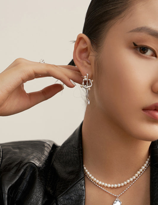 S925 Shell Pearl Asymmetrical Earrings Fluid Drop Design