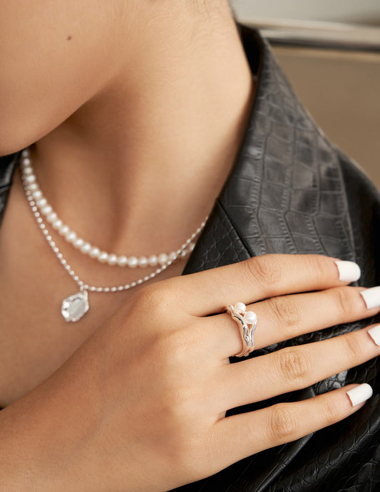 S925 Silver Nuance Line Freshwater Pearl Double Ring