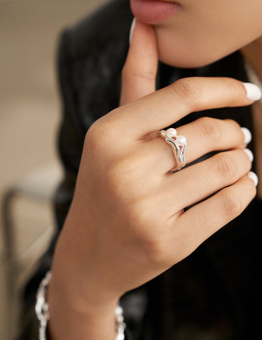 S925 Silver Nuance Line Freshwater Pearl Double Ring
