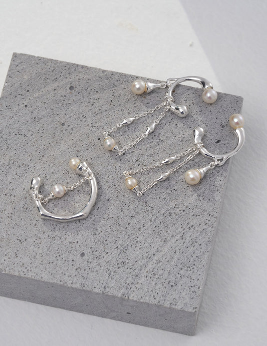 Sterling Silver 925 Shell Pearl Drop Chain Design Ring