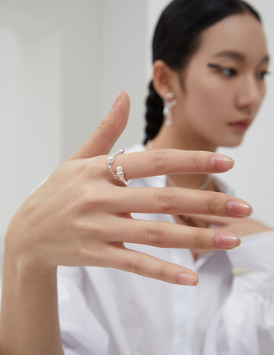Sterling Silver 925 Shell Pearl Drop Chain Design Ring