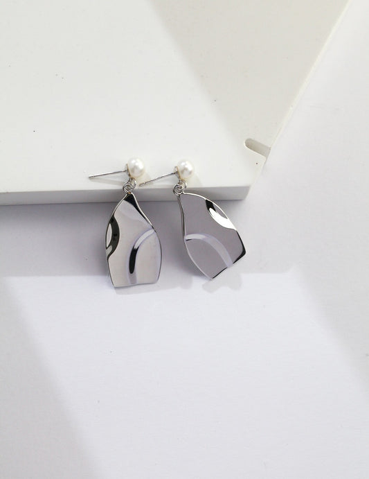Sterling Silver 925 Freshwater Pearl Geometric Abstract Earrings