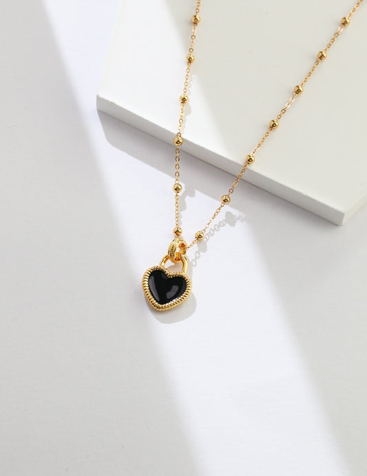 S925 Black Enamel Heart Motif Necklace Gold Plated D0271