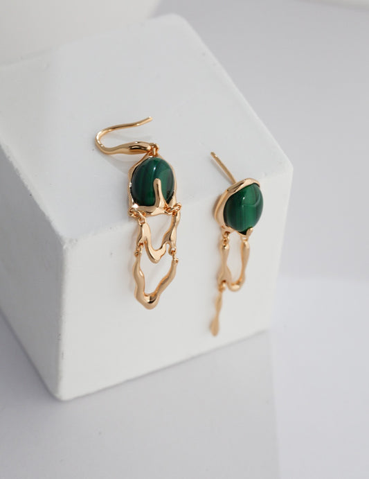 Silver 925 Natural Stone Malachite Asymmetrical Nuance Earrings
