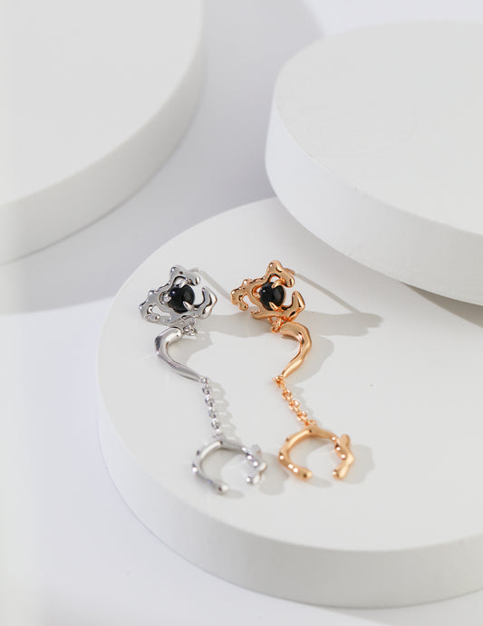 Silver 925 Black Onyx Fluid Design Ear Cuff for One Ear