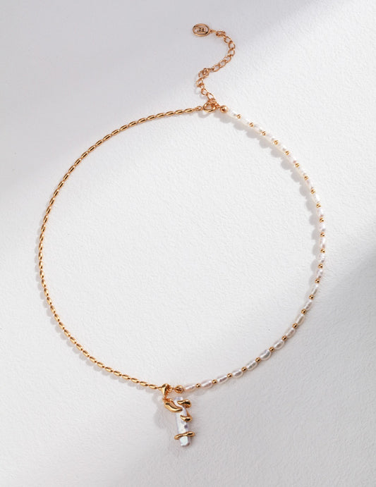 S925 Romantic Necklace with Freshwater Baroque Pearls and Fluid Lines