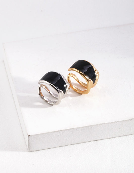 Silver 925 Black Enamel Uneven Ring Nuance Mode