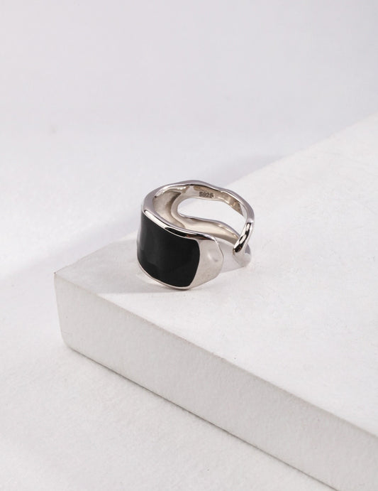 Silver 925 Black Enamel Uneven Ring Nuance Mode