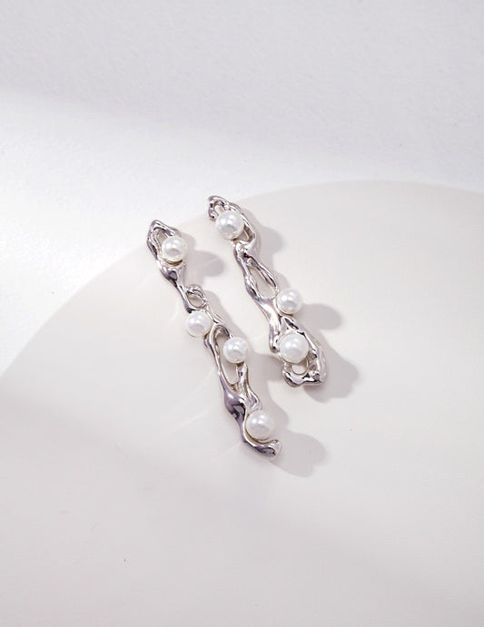 Shell Pearl Sterling Silver Asymmetrical Streamlined Imitation Pearl Earrings