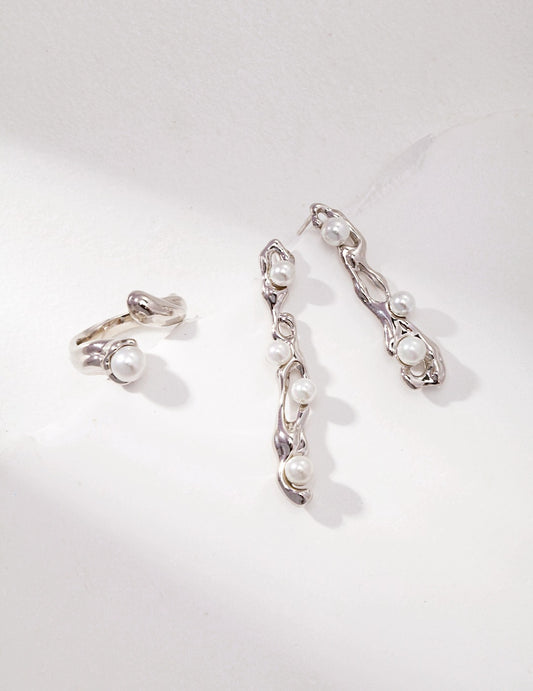 Shell Pearl Sterling Silver Asymmetrical Streamlined Imitation Pearl Earrings