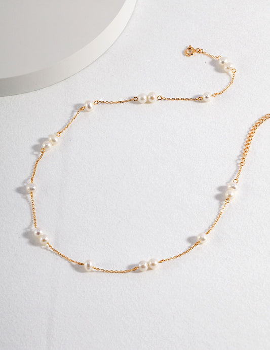 S925 Freshwater Pearl & Silver Bead Station Necklace D0286