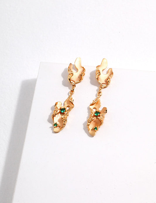 Silver 925 Leaf Motif Emerald-Color Zirconia Earrings