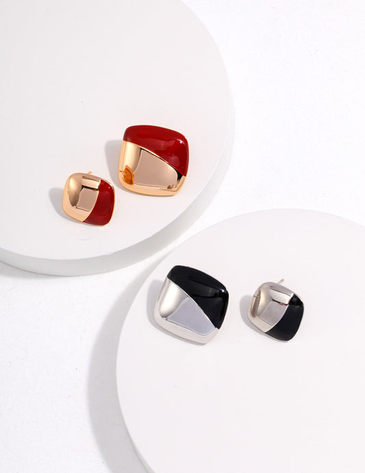 Silver 925 Enamel Geometric Asymmetrical Earrings Red Nuance