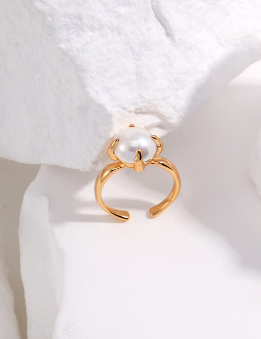Sterling Silver 925 Shell Pearl Ring French Chic 18K Gold Plated