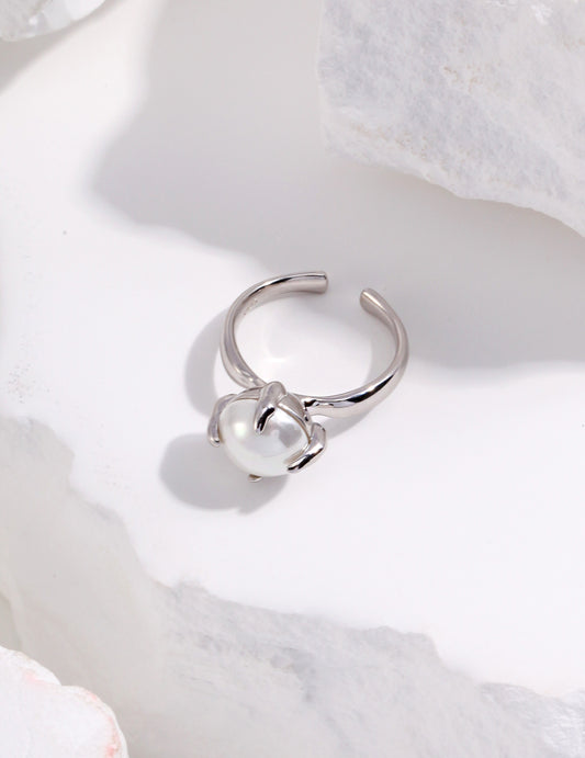 Sterling Silver 925 Shell Pearl Ring French Chic 18K Gold Plated