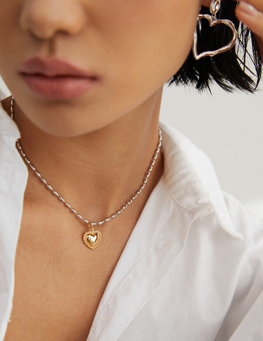S925 Vintage Style Heart and Bead Two-Tone Necklace