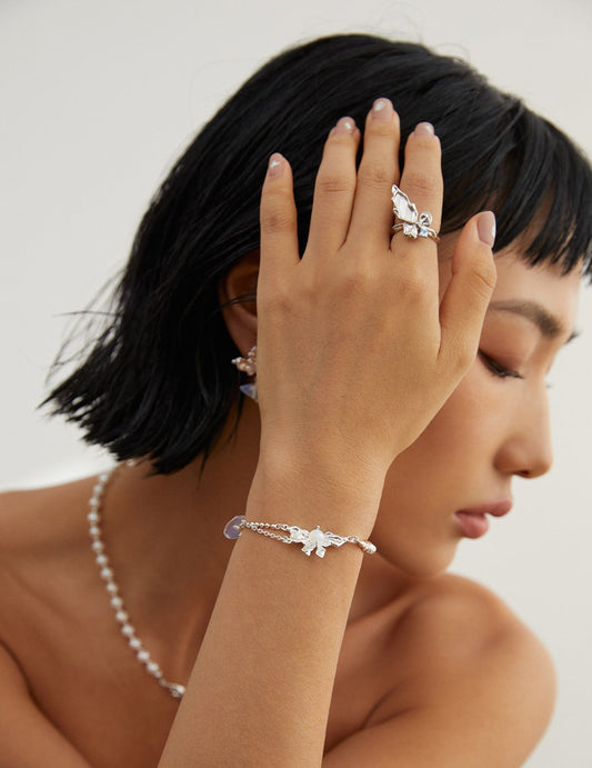 S925 Butterfly Lava Texture Freshwater Pearl Ring YJ0012