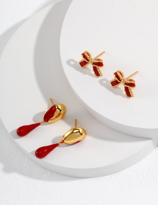 S925 Butterfly Enamel Earrings - Lucky China Red